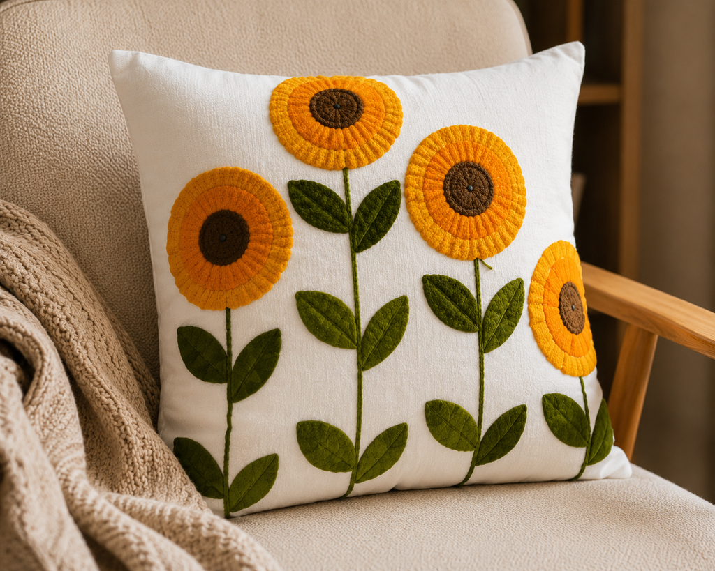Sunflower Embroidered Cushion Cover 45x45cm, Cotton Linen Throw Pillow Case, Farmhouse Floral Decorative Cushion Cover for Sofa, Chair & Bedroom