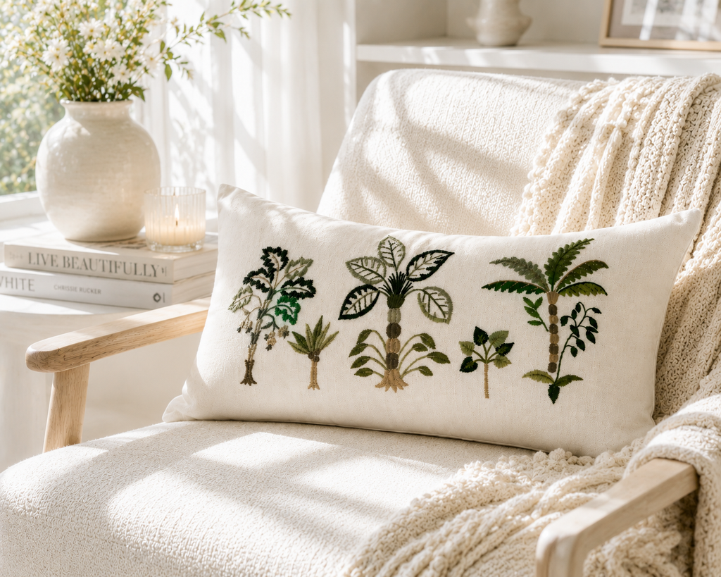 Tropical Palm Tree Embroidered Cushion Cover