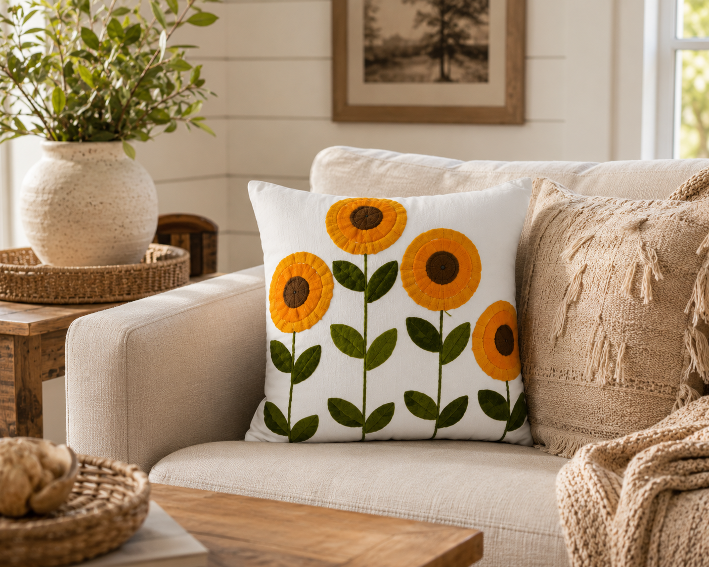 Sunflower Embroidered Cushion Cover 45x45cm, Cotton Linen Throw Pillow Case, Farmhouse Floral Decorative Cushion Cover for Sofa, Chair & Bedroom