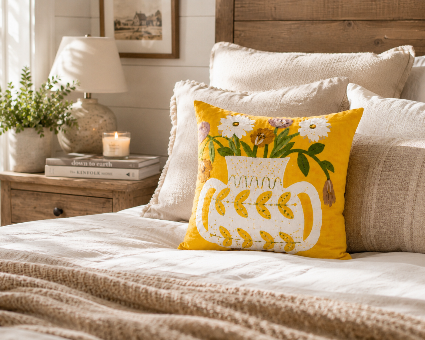 Yellow Floral Embroidered Cushion Cover