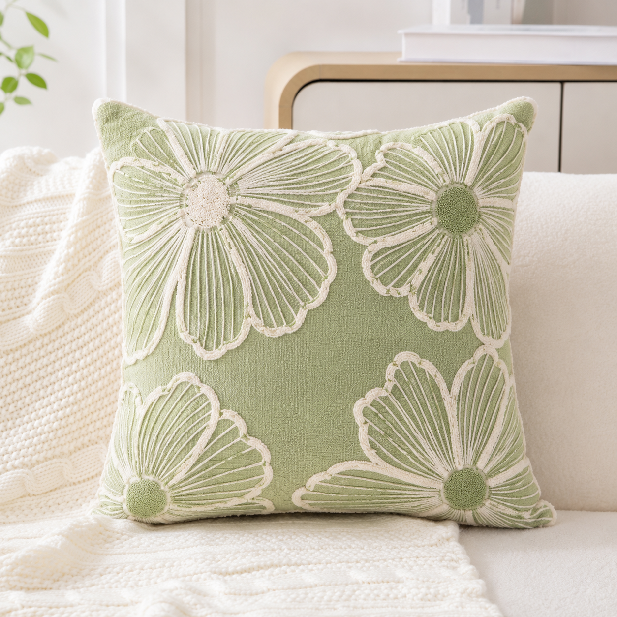 Sage Green Floral Embroidered Cushion Cover