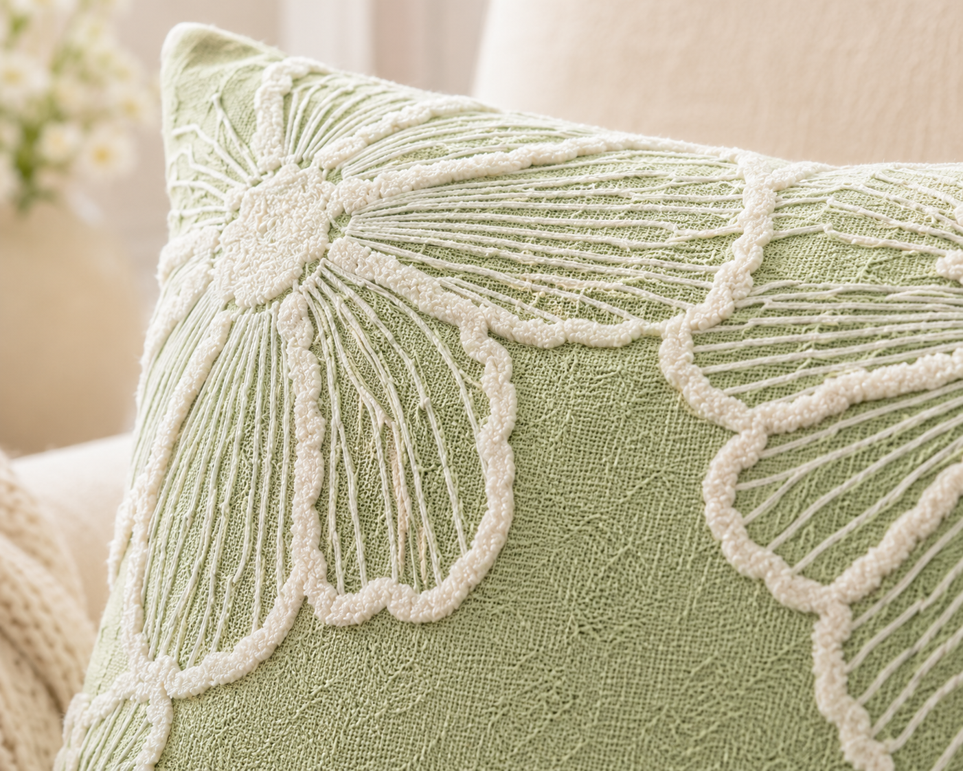 Sage Green Floral Embroidered Cushion Cover