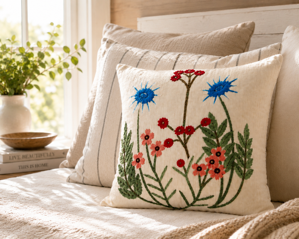 Wildflower Embroidered Cushion Cover