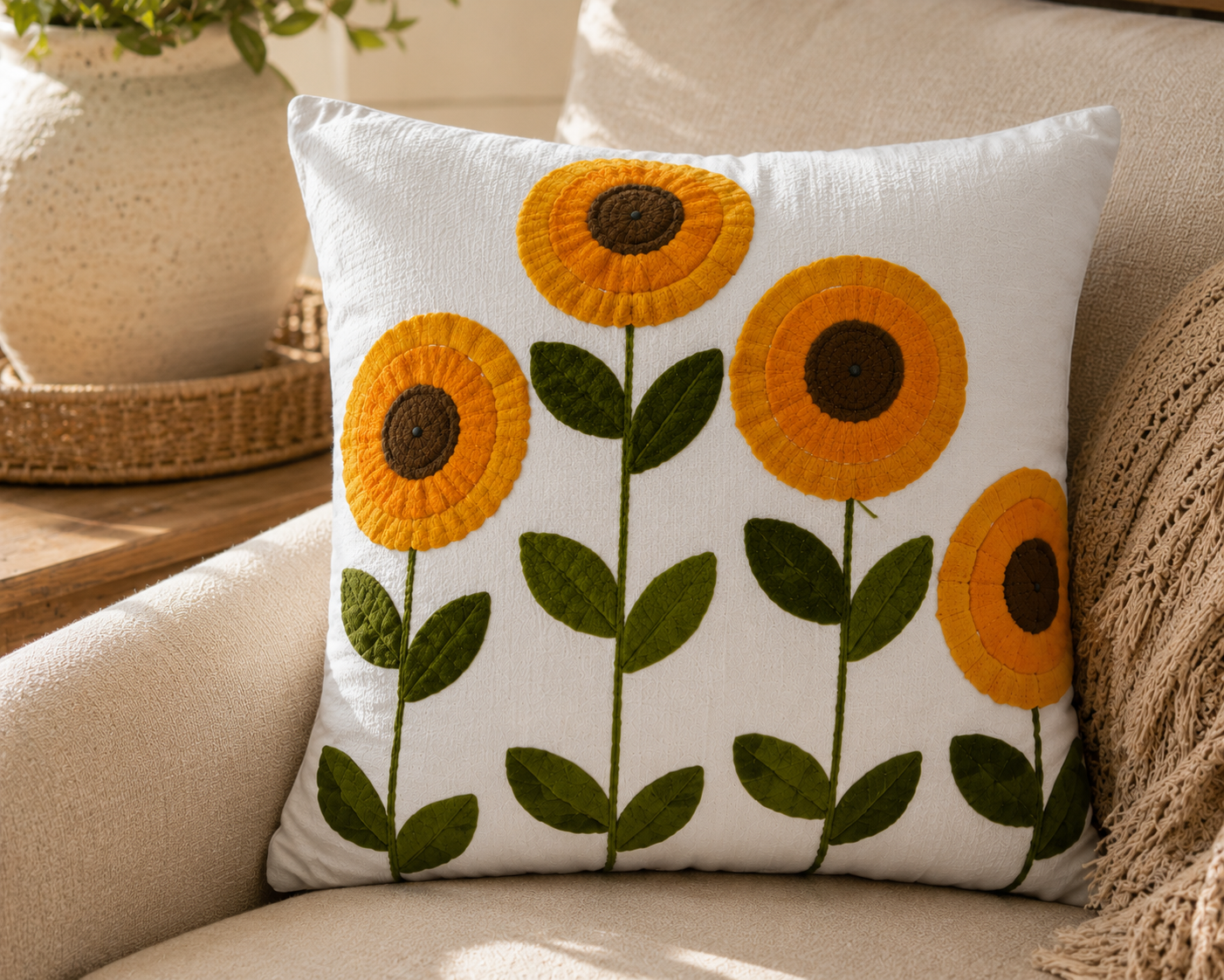 Sunflower Embroidered Cushion Cover 45x45cm, Cotton Linen Throw Pillow Case, Farmhouse Floral Decorative Cushion Cover for Sofa, Chair & Bedroom