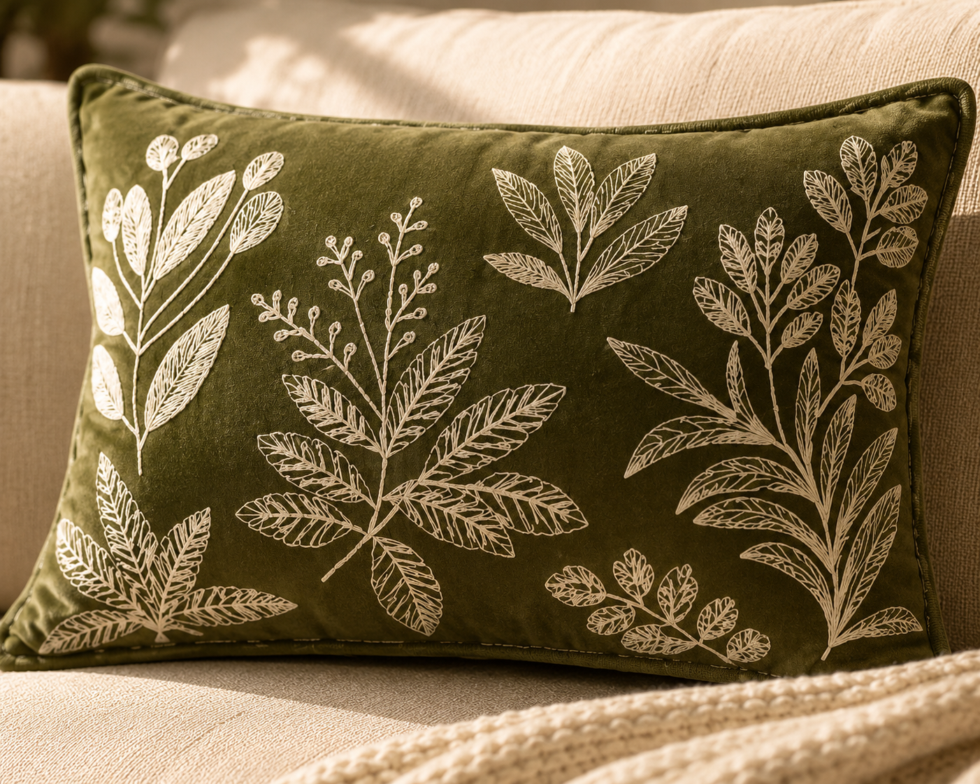 Green Floral Embroidered Cushion Cover