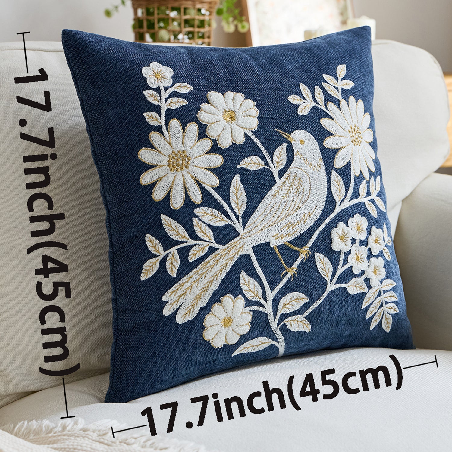 Navy Blue Bird Embroidered Cushion Cover