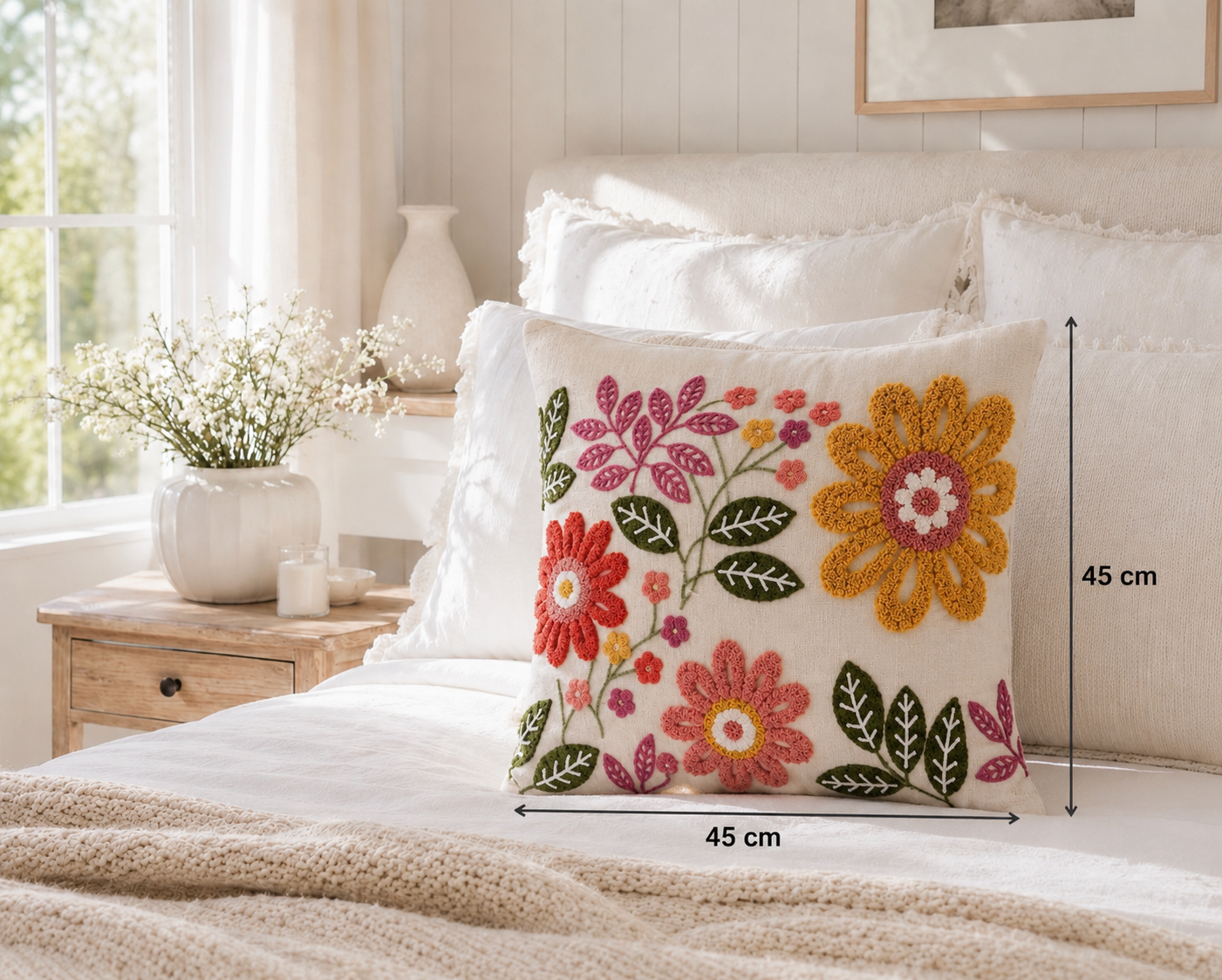 Colourful Floral Embroidered Lumbar Cushion Cover