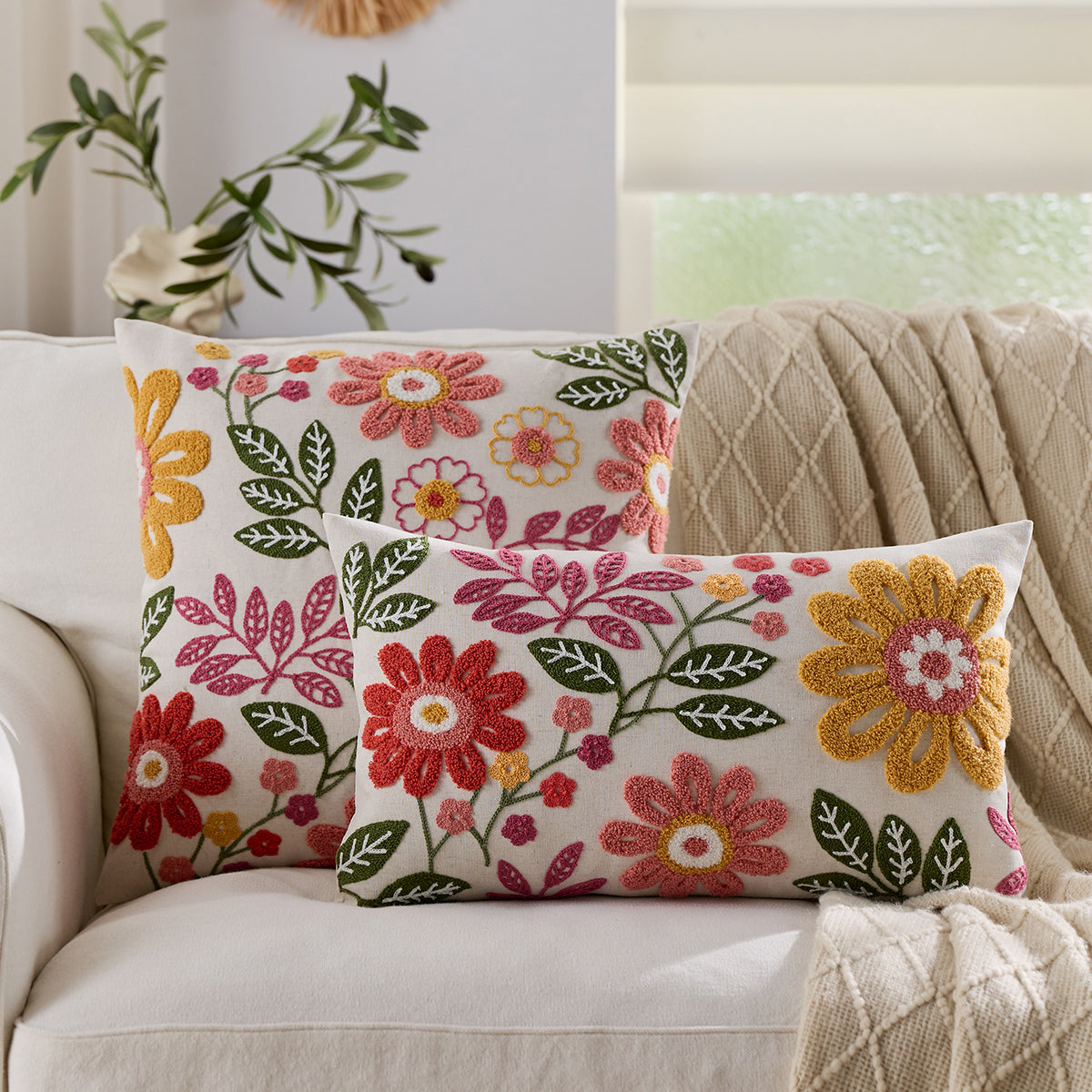 Colourful Floral Embroidered Lumbar Cushion Cover
