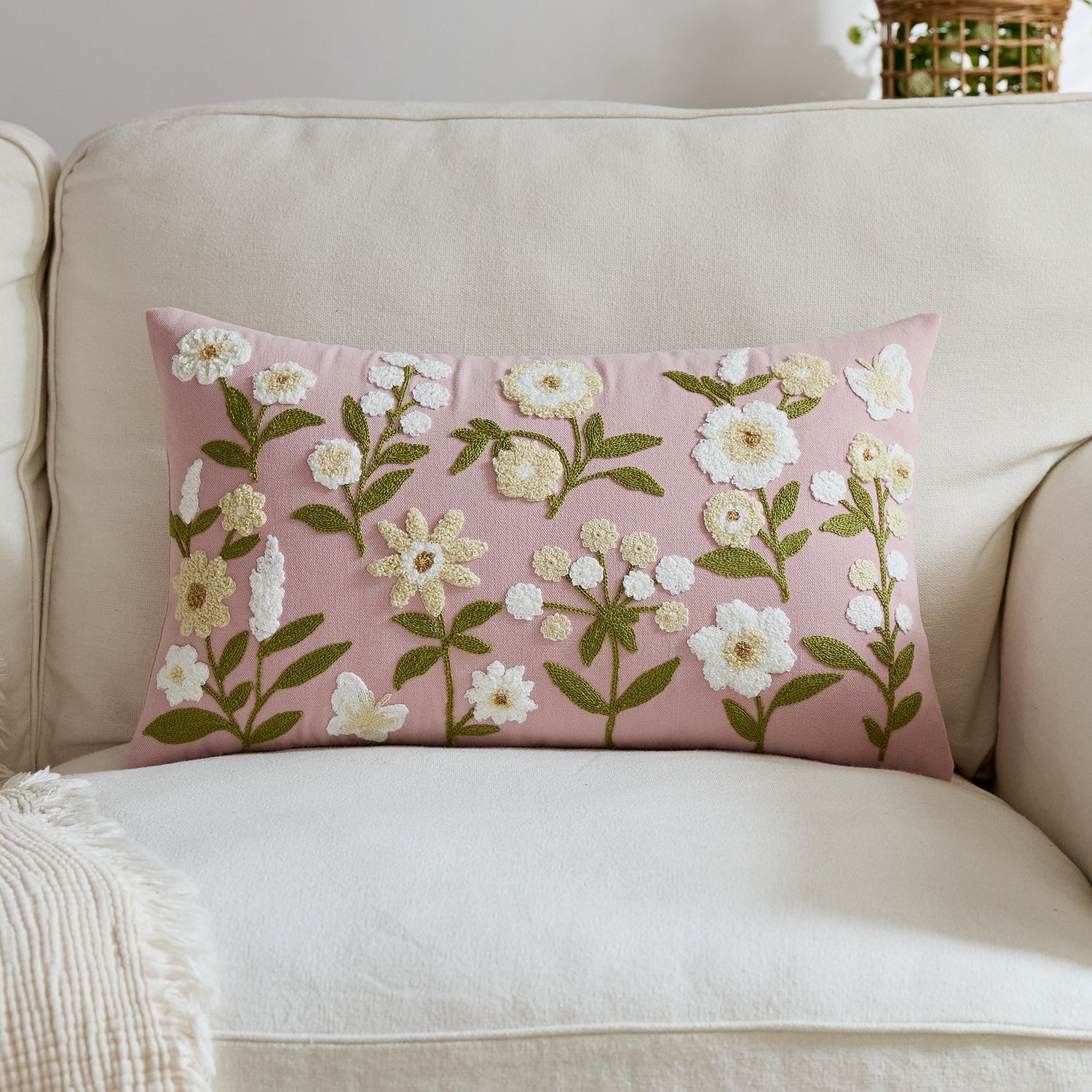 Pink Floral Embroidered Lumbar Cushion Cover
