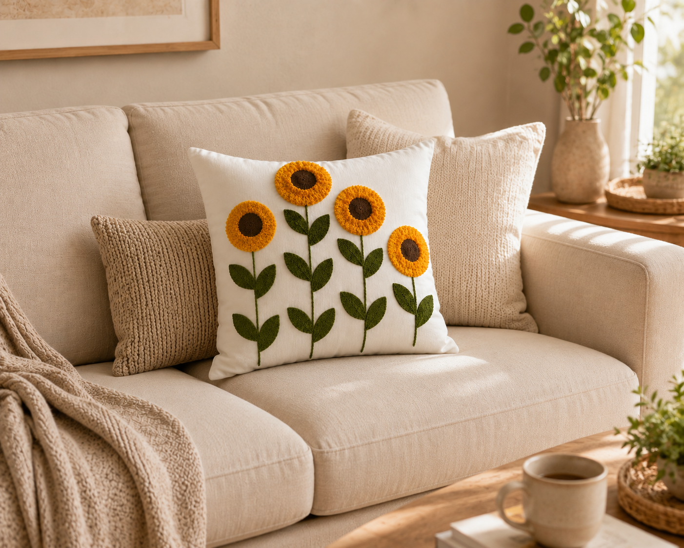 Sunflower Embroidered Cushion Cover