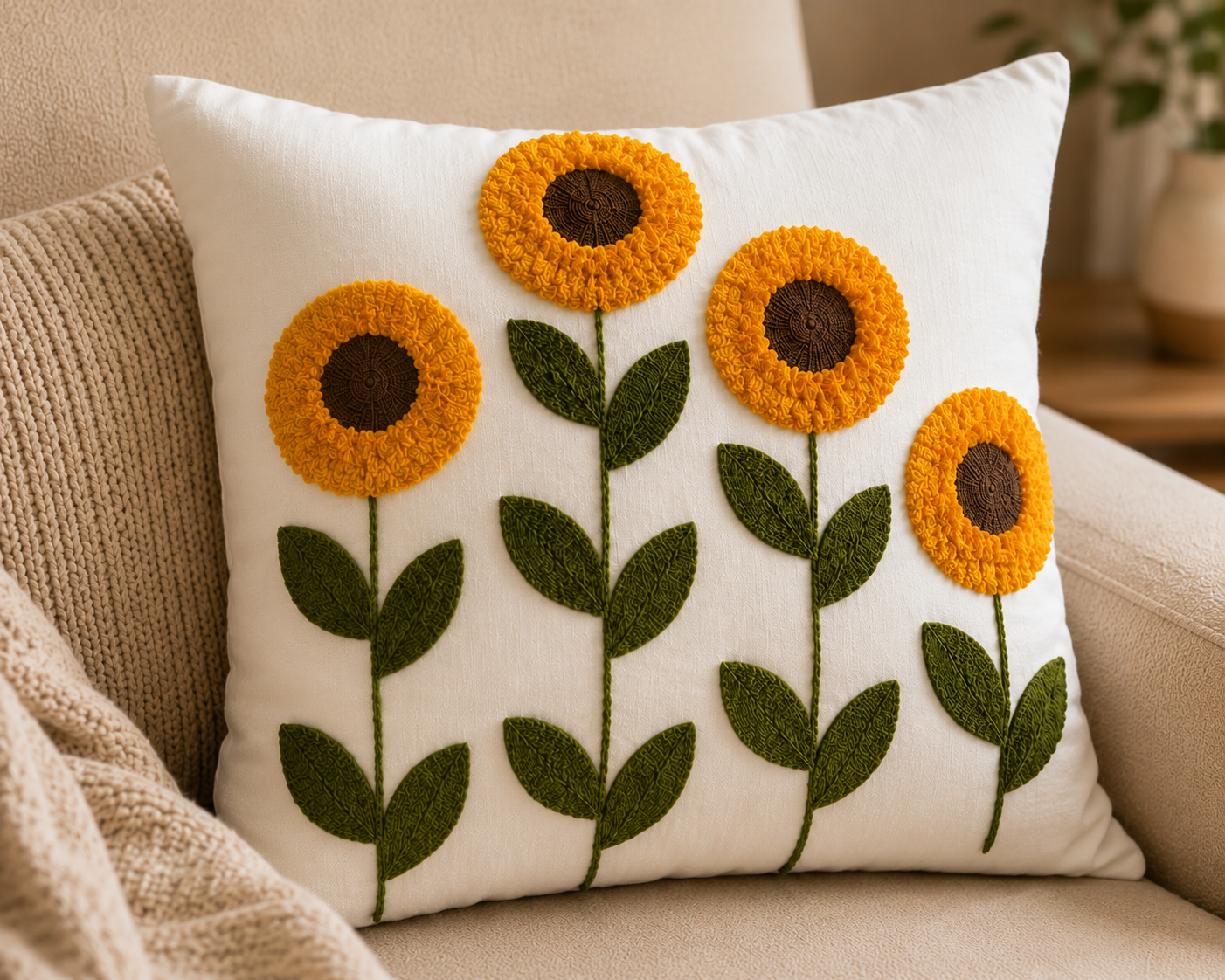 Sunflower Embroidered Cushion Cover