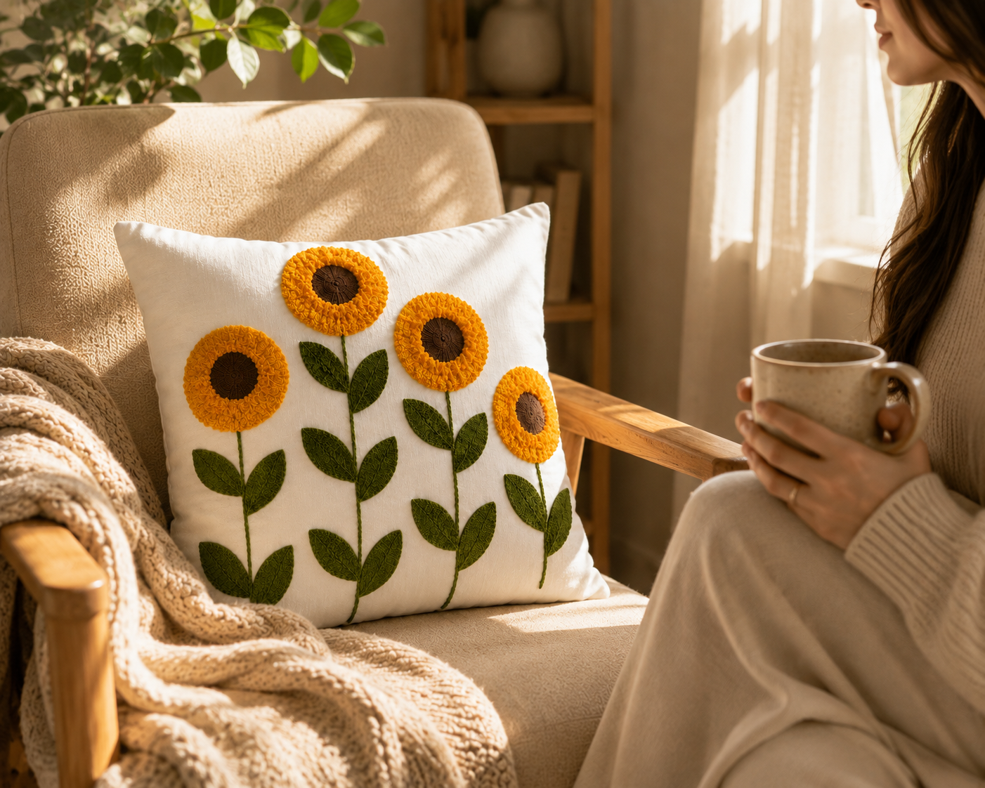 Sunflower Embroidered Cushion Cover