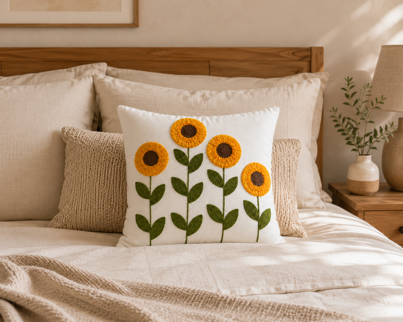 Sunflower Embroidered Cushion Cover