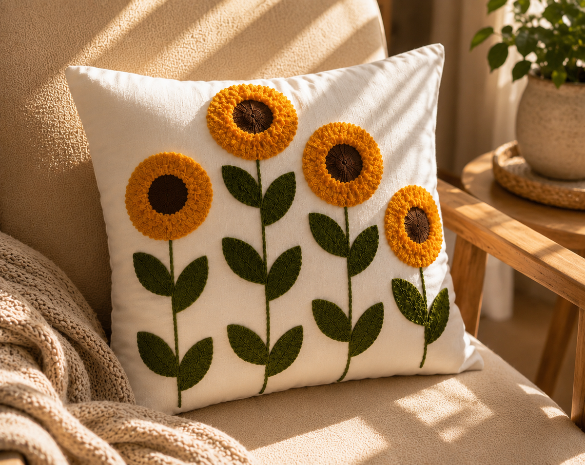 Sunflower Embroidered Cushion Cover