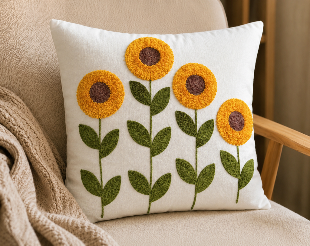 Sunflower Embroidered Cushion Cover