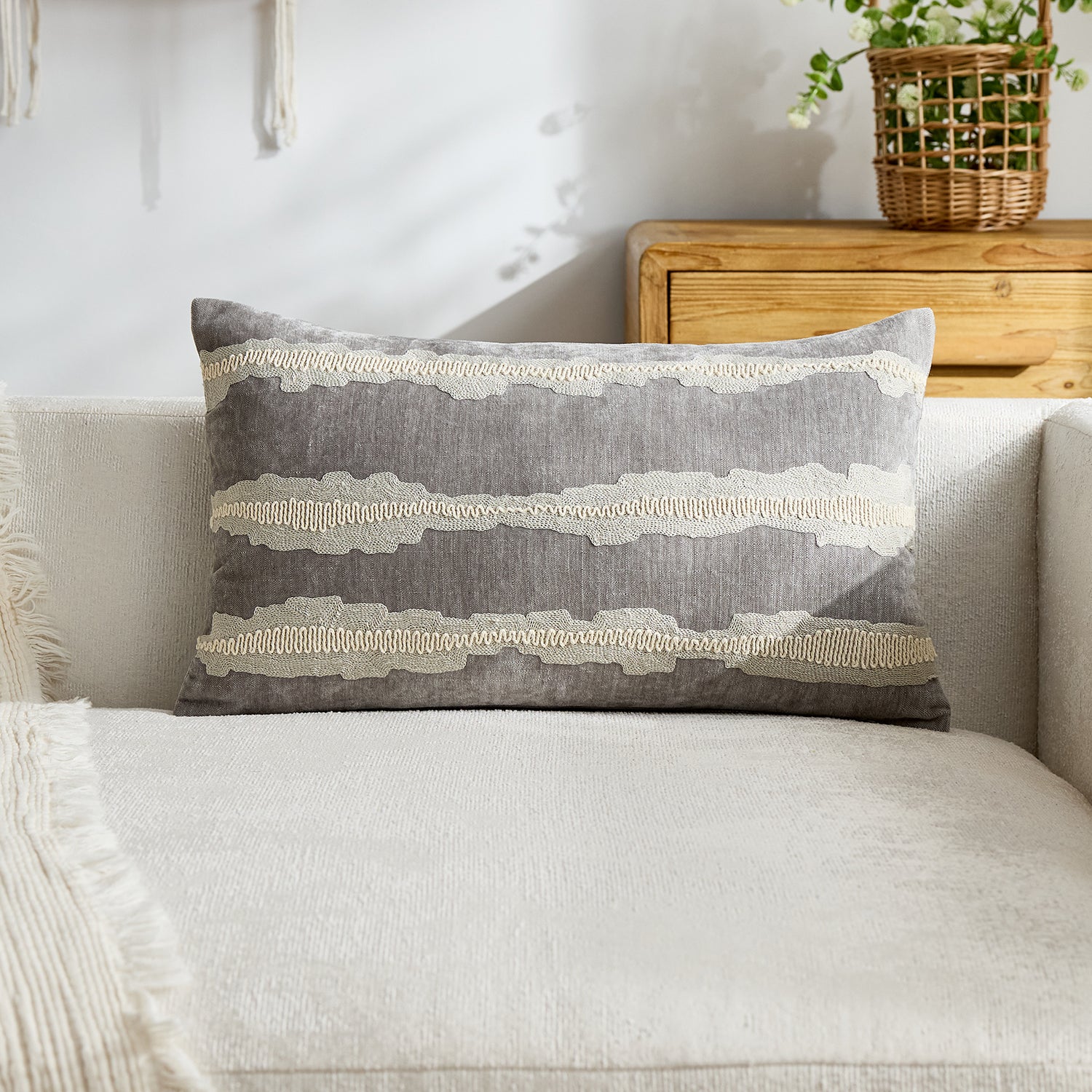 Grey Embroidered Lumbar Cushion Cover