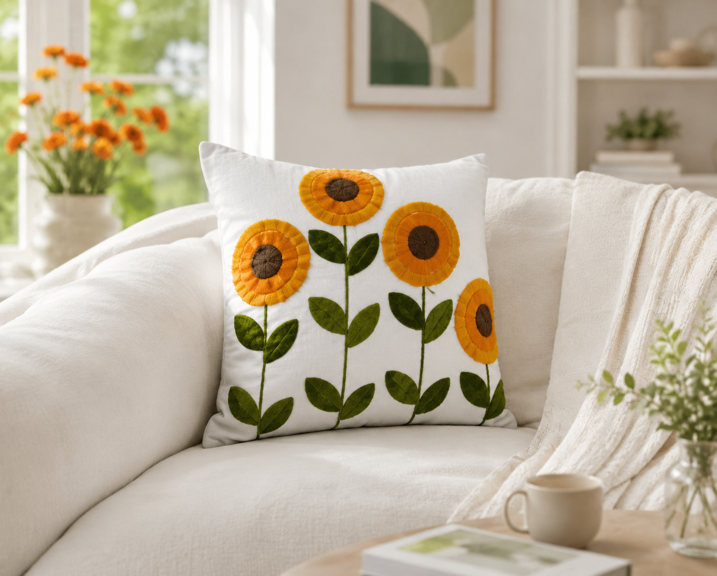 Sunflower Embroidered Cushion Cover 45x45cm, Cotton Linen Throw Pillow Case, Farmhouse Floral Decorative Cushion Cover for Sofa, Chair & Bedroom