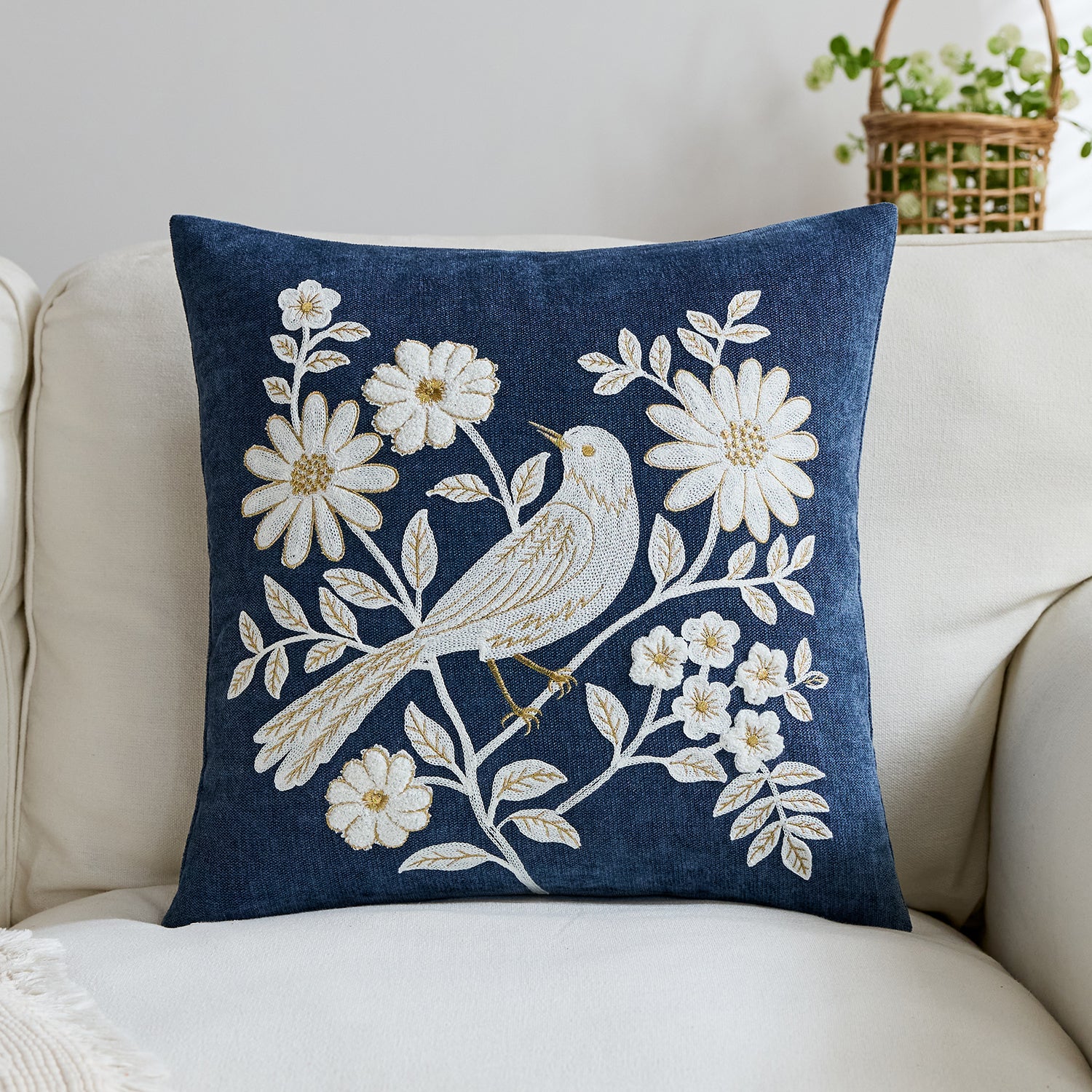 Navy Blue Bird Embroidered Cushion Cover