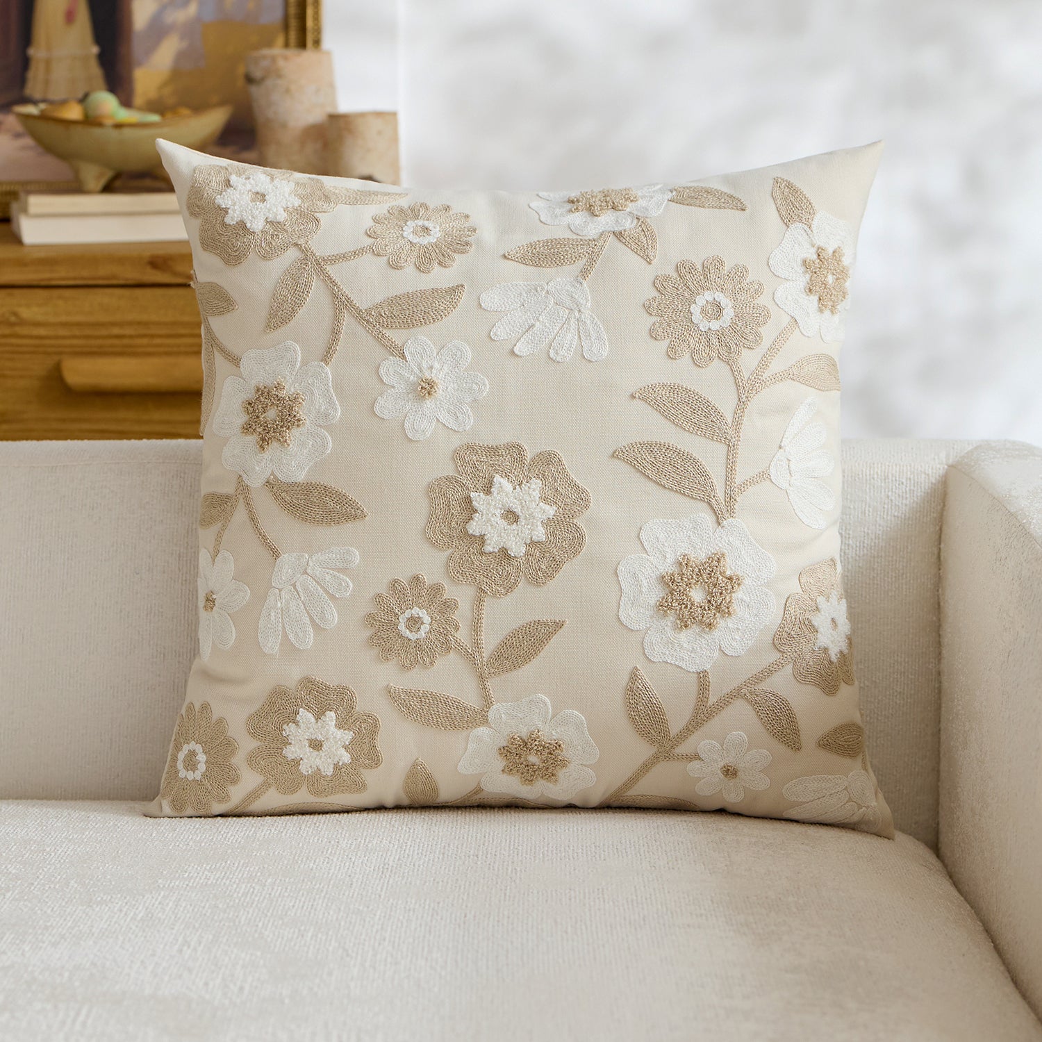 Beige Floral Embroidered Cushion Cover
