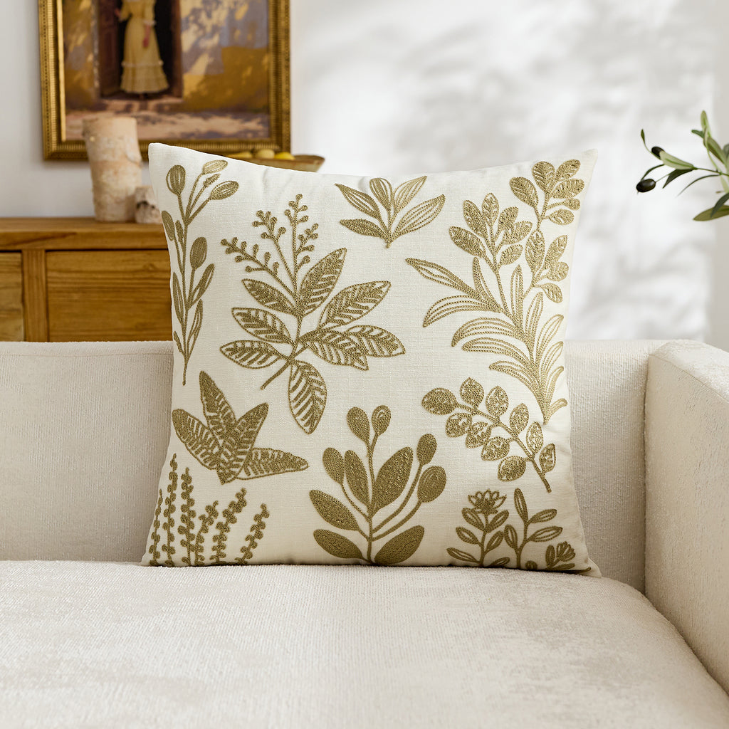 Beige Botanical Embroidered Cushion Cover