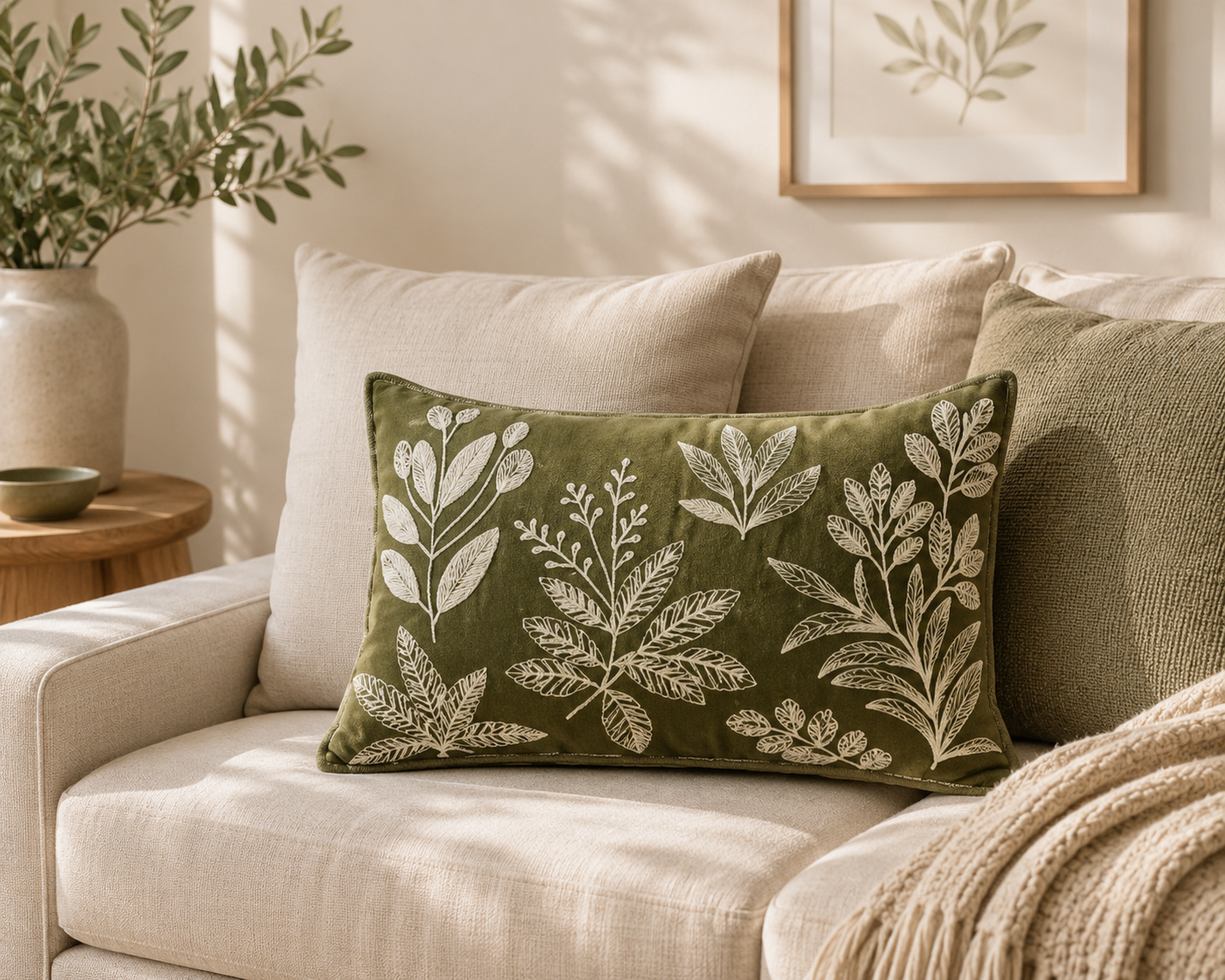 Green Floral Embroidered Cushion Cover