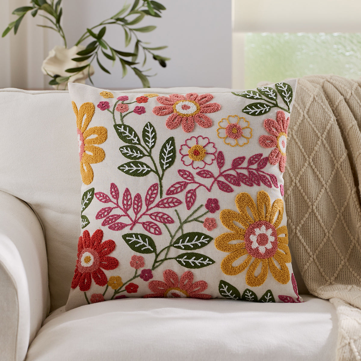 Colourful Floral Embroidered Lumbar Cushion Cover