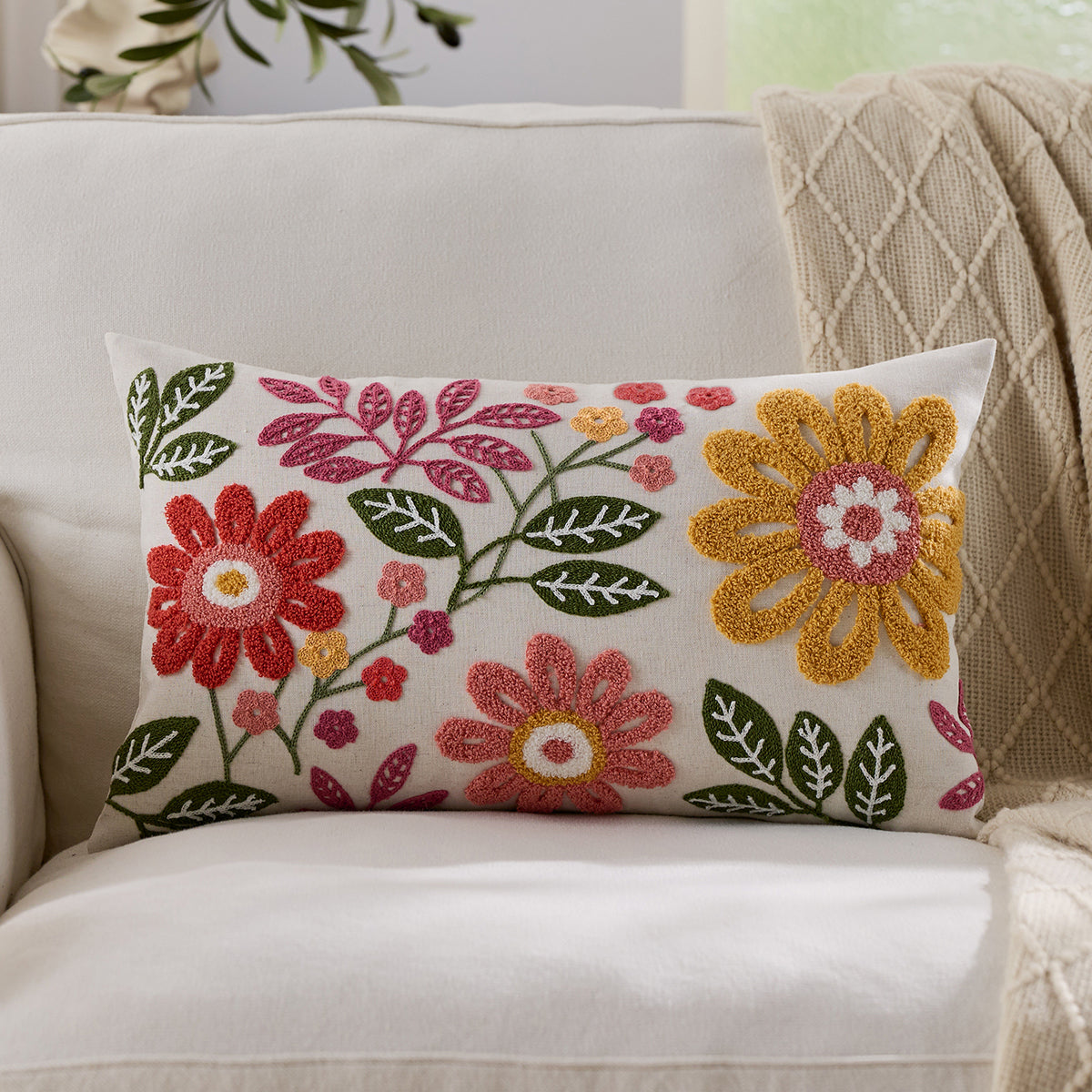 Colourful Floral Embroidered Lumbar Cushion Cover