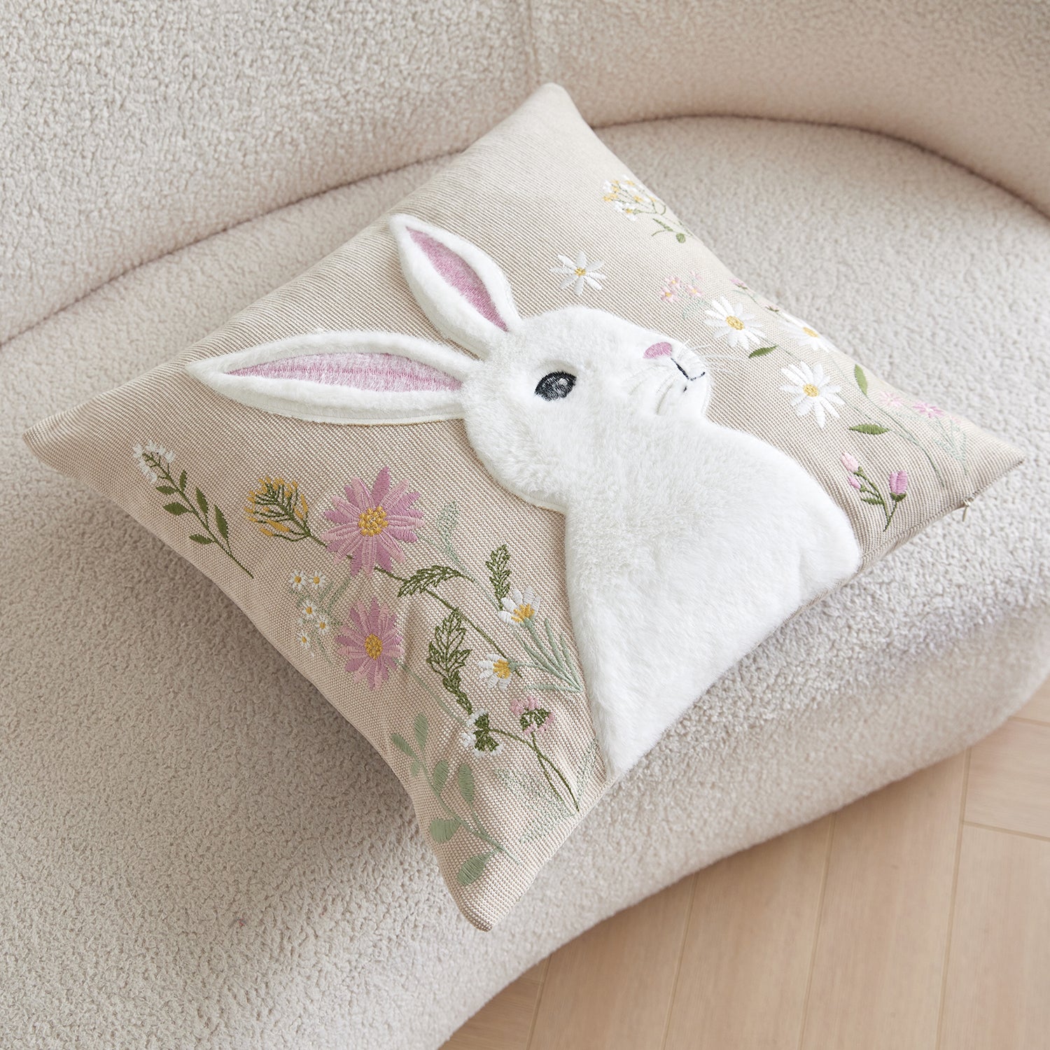 Easter Wild Floral Rabbit Embroidery Cushion Cover - 1 Pcs