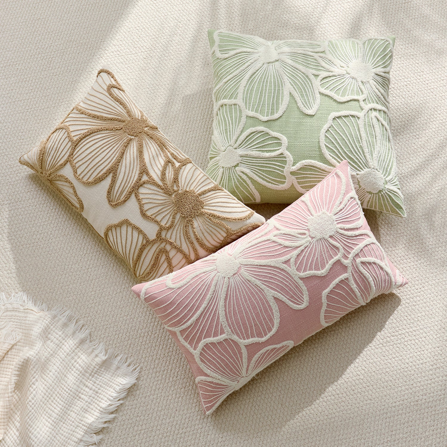 Sage Green Floral Embroidered Cushion Cover