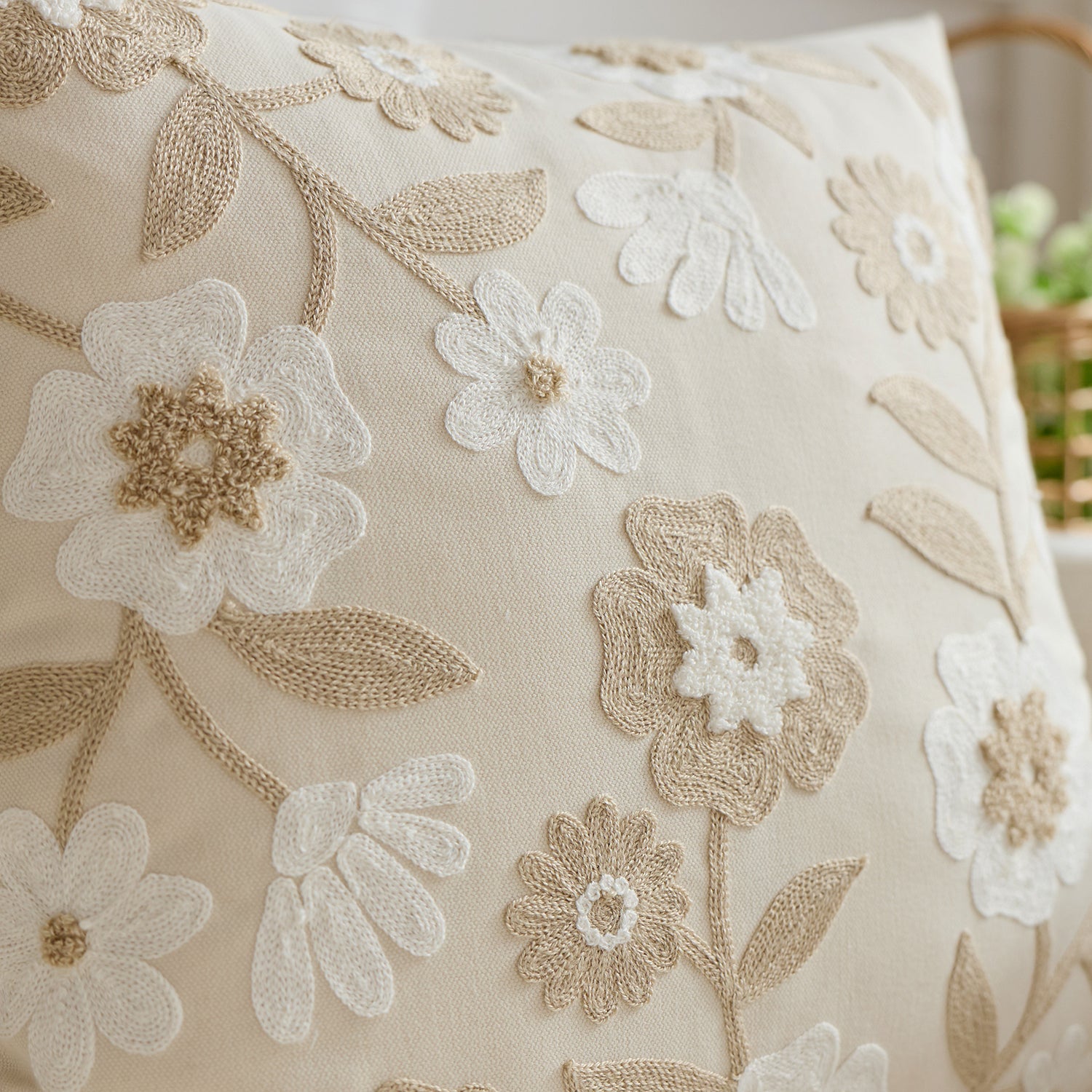 Beige Floral Embroidered Cushion Cover