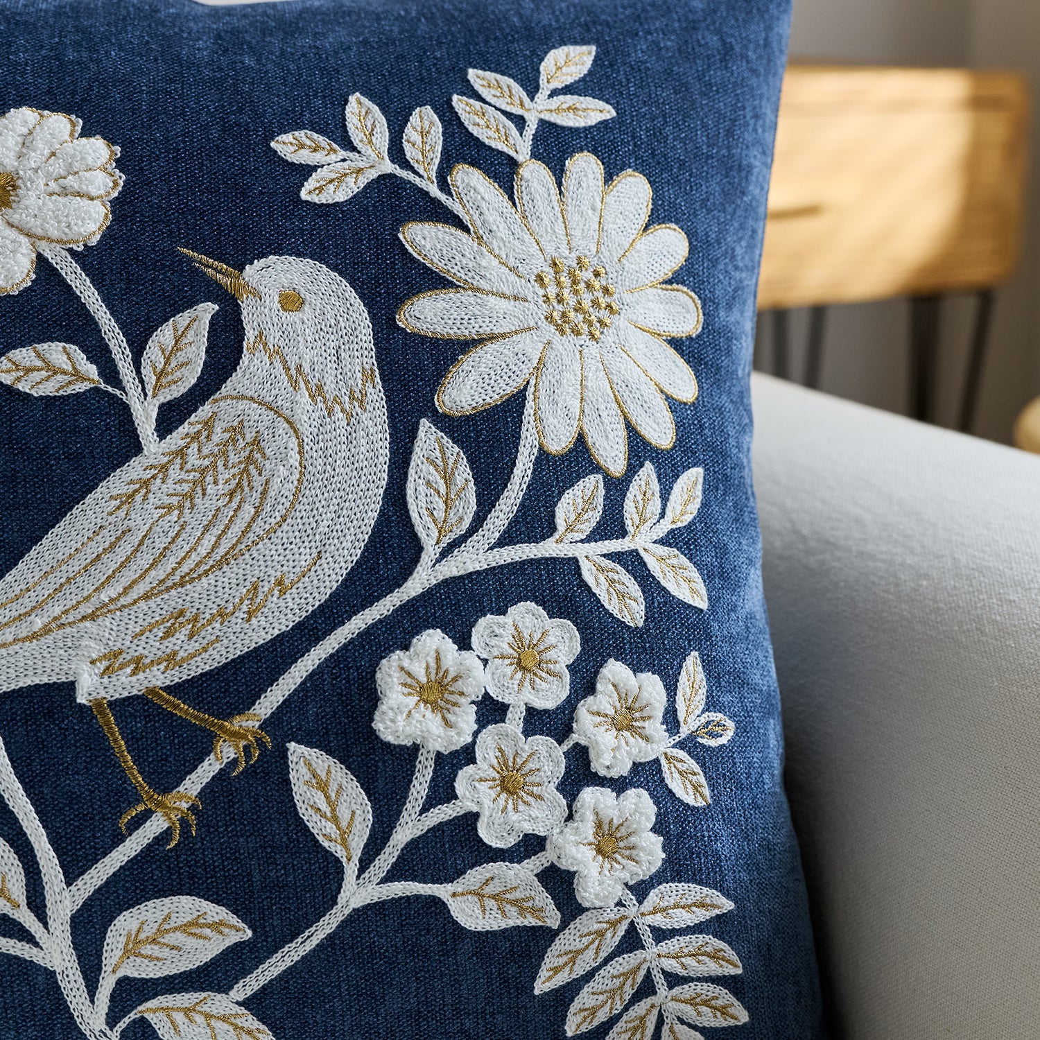 Navy Blue Bird Embroidered Cushion Cover