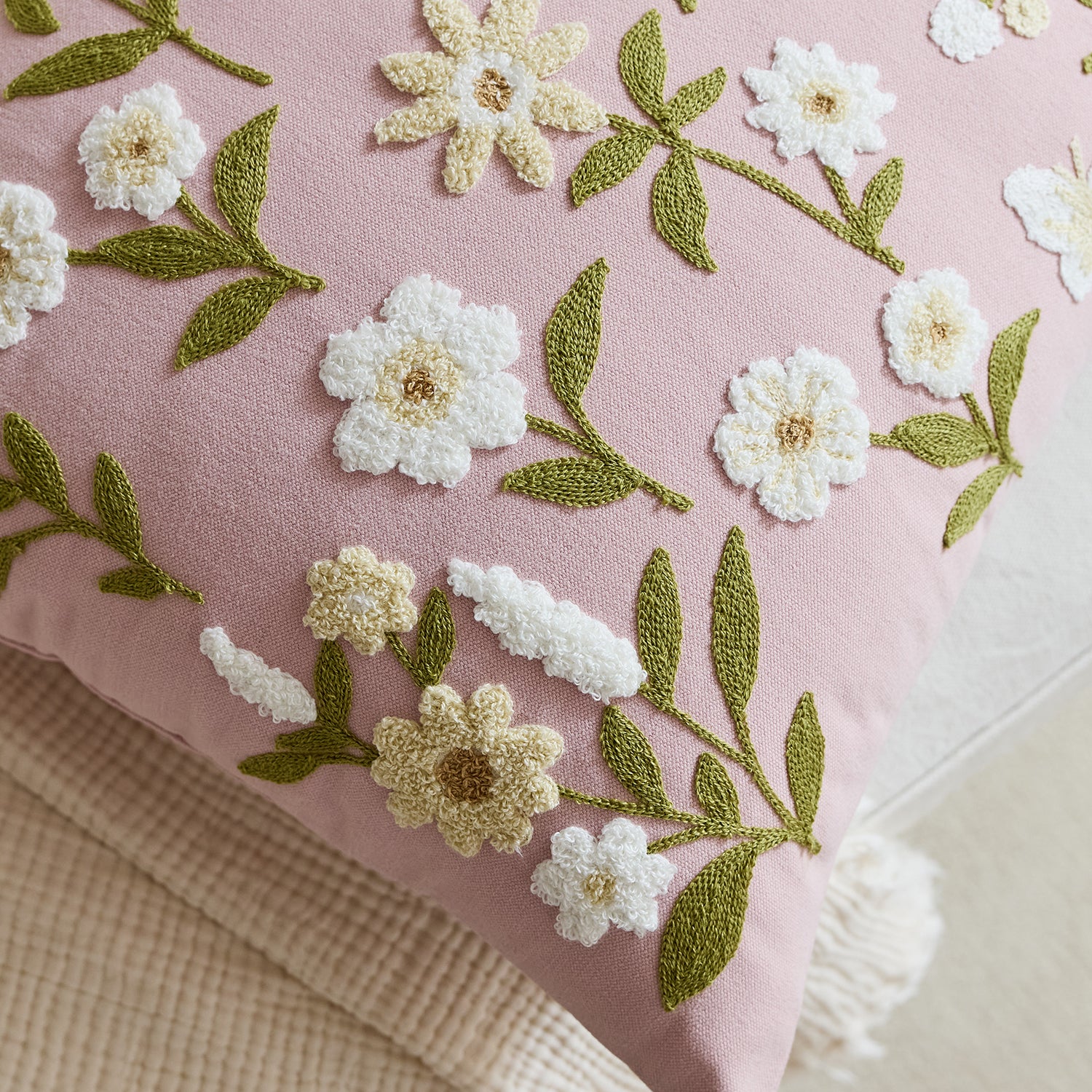 Pink Floral Embroidered Lumbar Cushion Cover