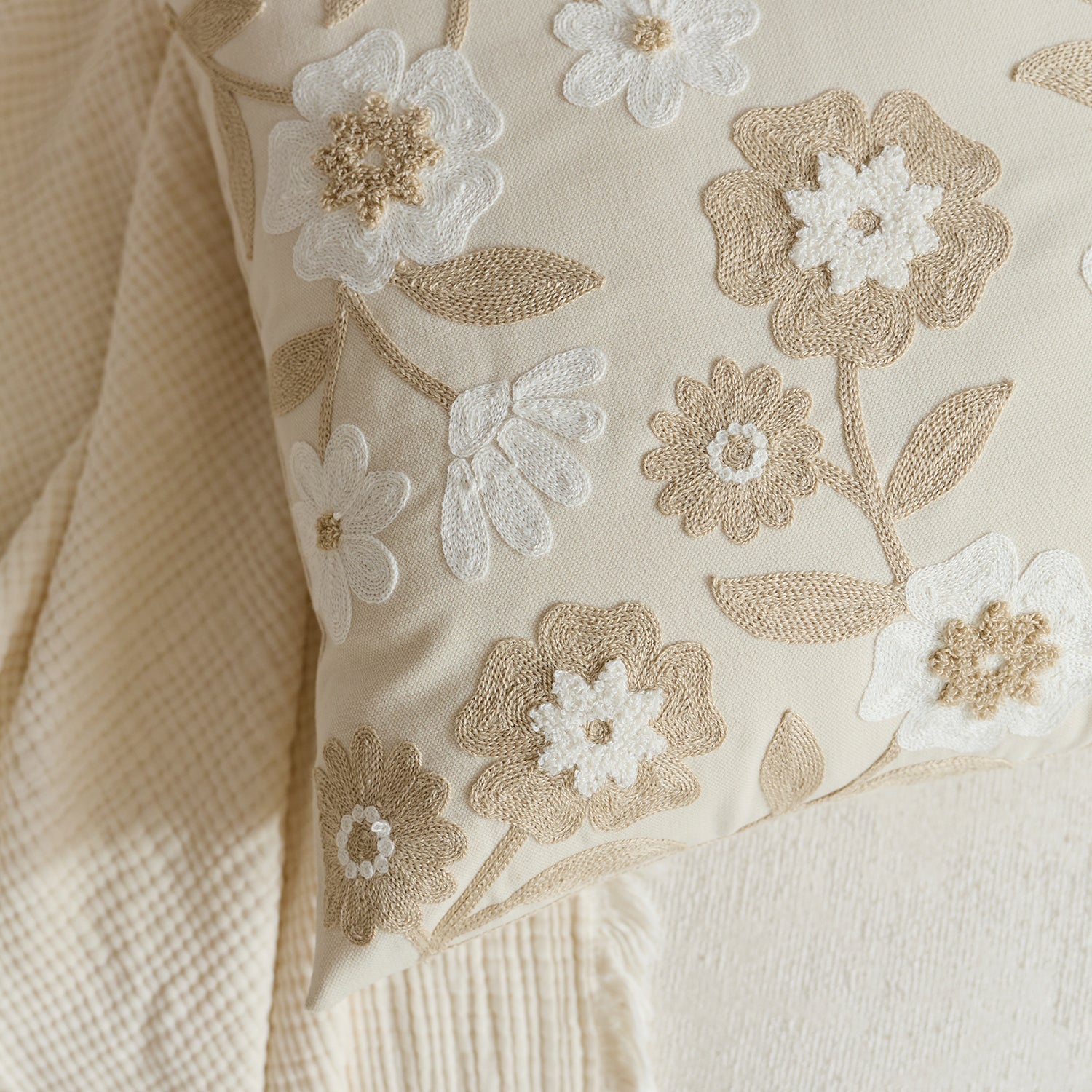 Beige Floral Embroidered Cushion Cover