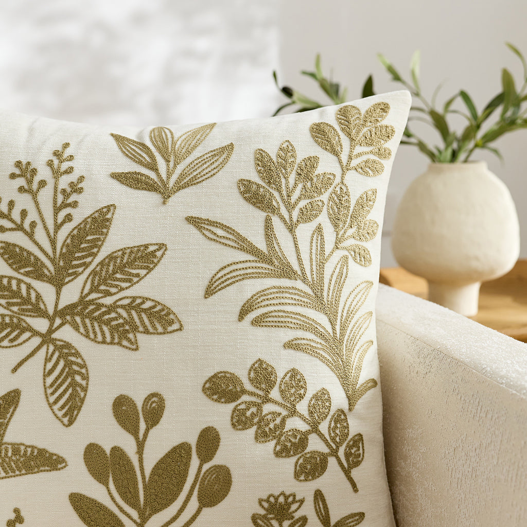 Beige Botanical Embroidered Cushion Cover
