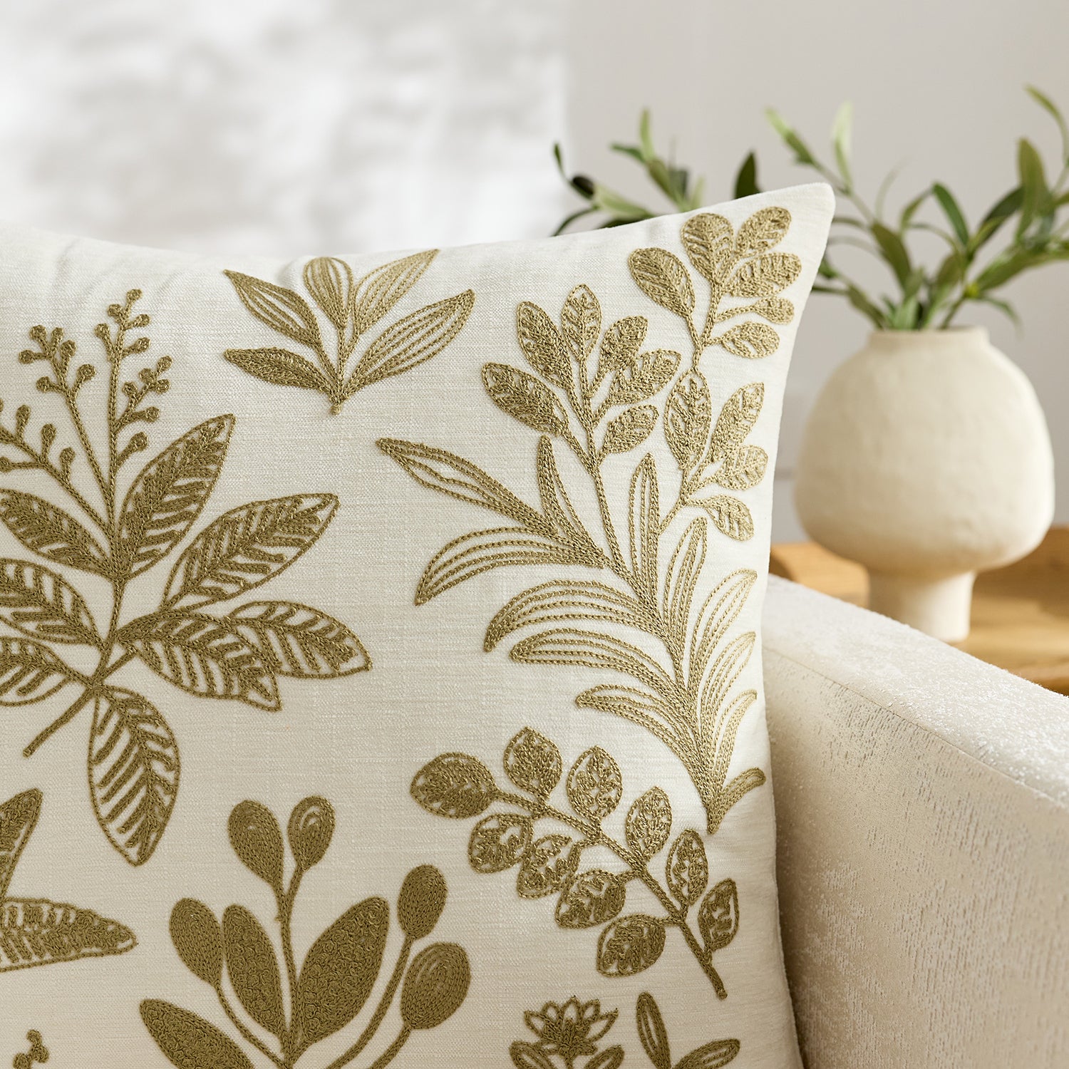 Beige Botanical Embroidered Cushion Cover