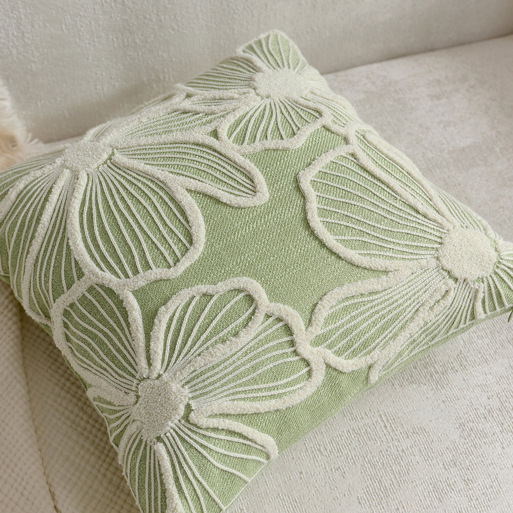 Sage Green Floral Embroidered Cushion Cover
