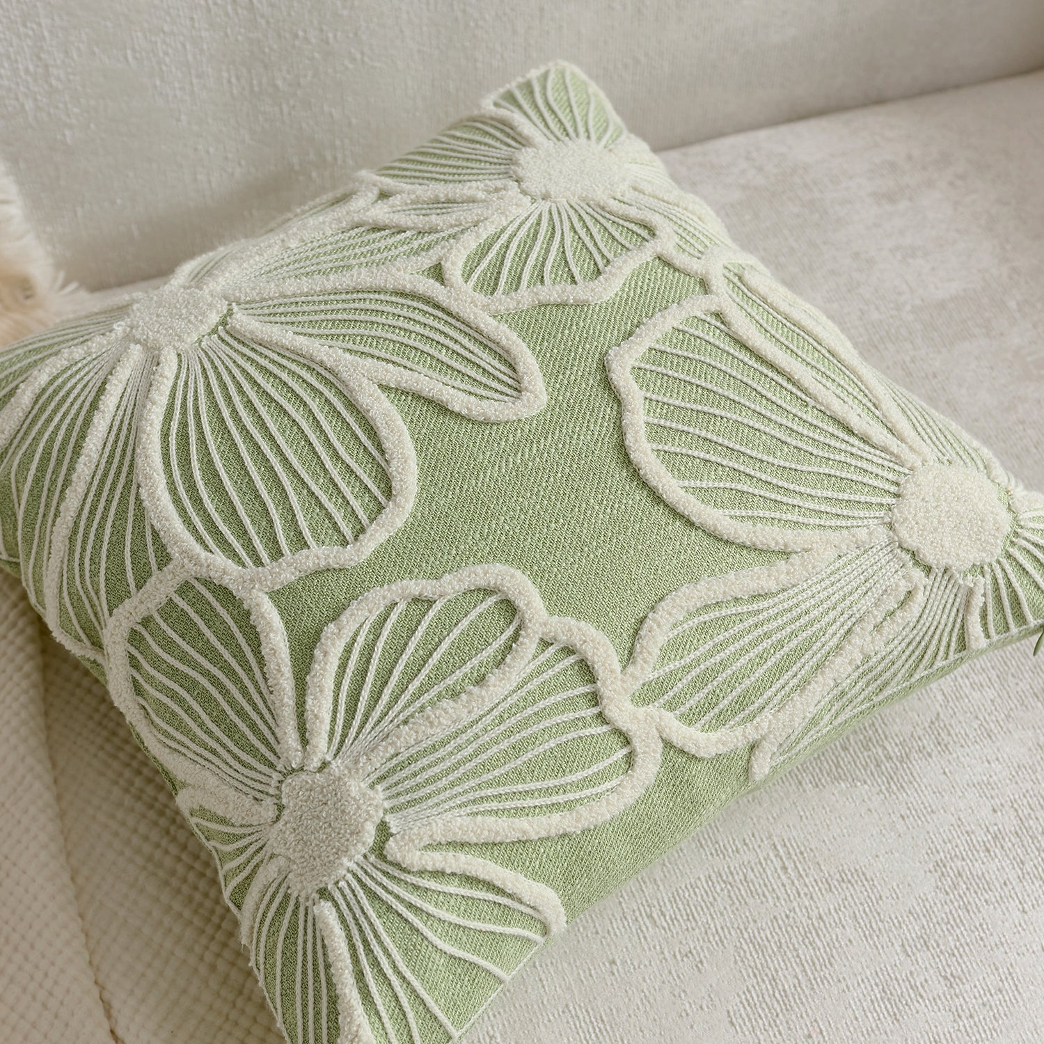 Sage Green Floral Embroidered Cushion Cover