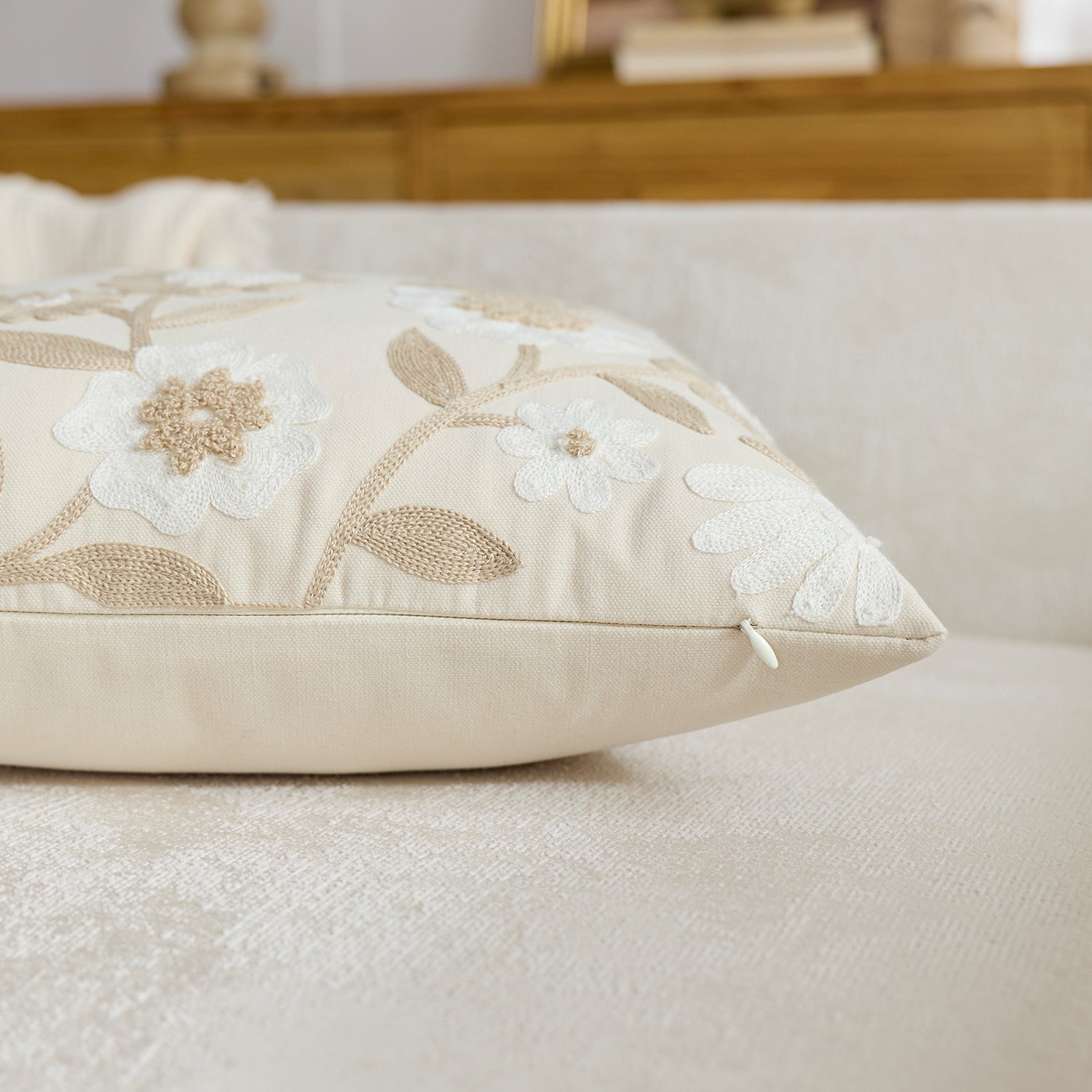 Beige Floral Embroidered Cushion Cover