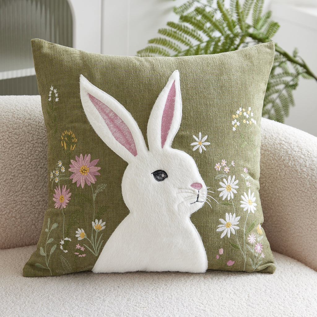 Easter Wild Floral Rabbit Embroidery Cushion Cover - 1 Pcs