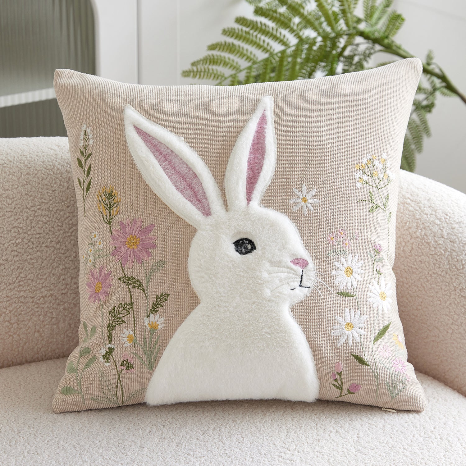 Easter Wild Floral Rabbit Embroidery Cushion Cover - 1 Pcs