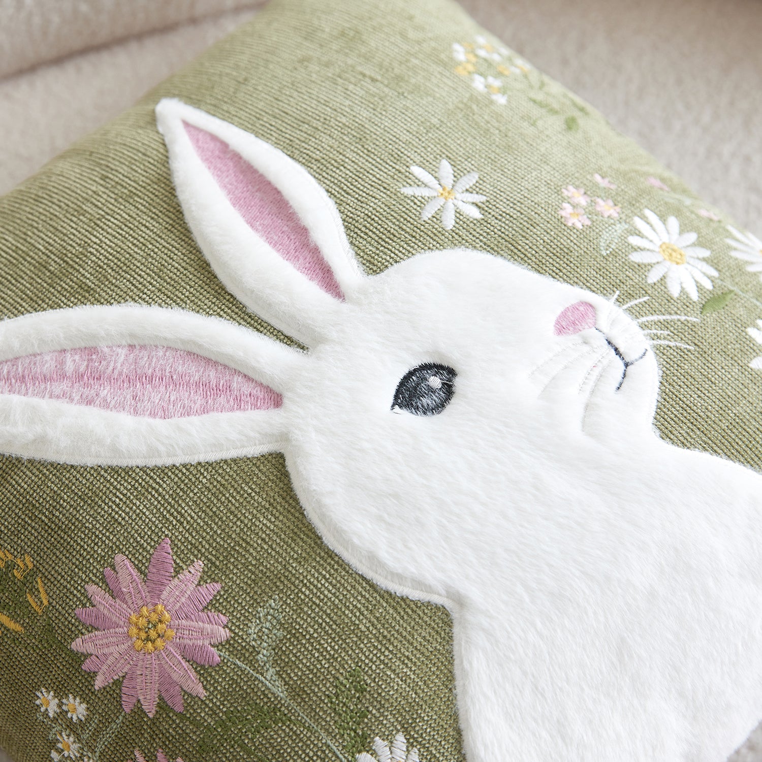 Easter Wild Floral Rabbit Embroidery Cushion Cover - 1 Pcs