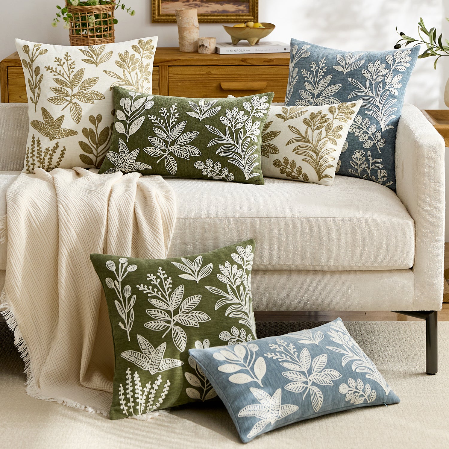 Beige Botanical Embroidered Cushion Cover