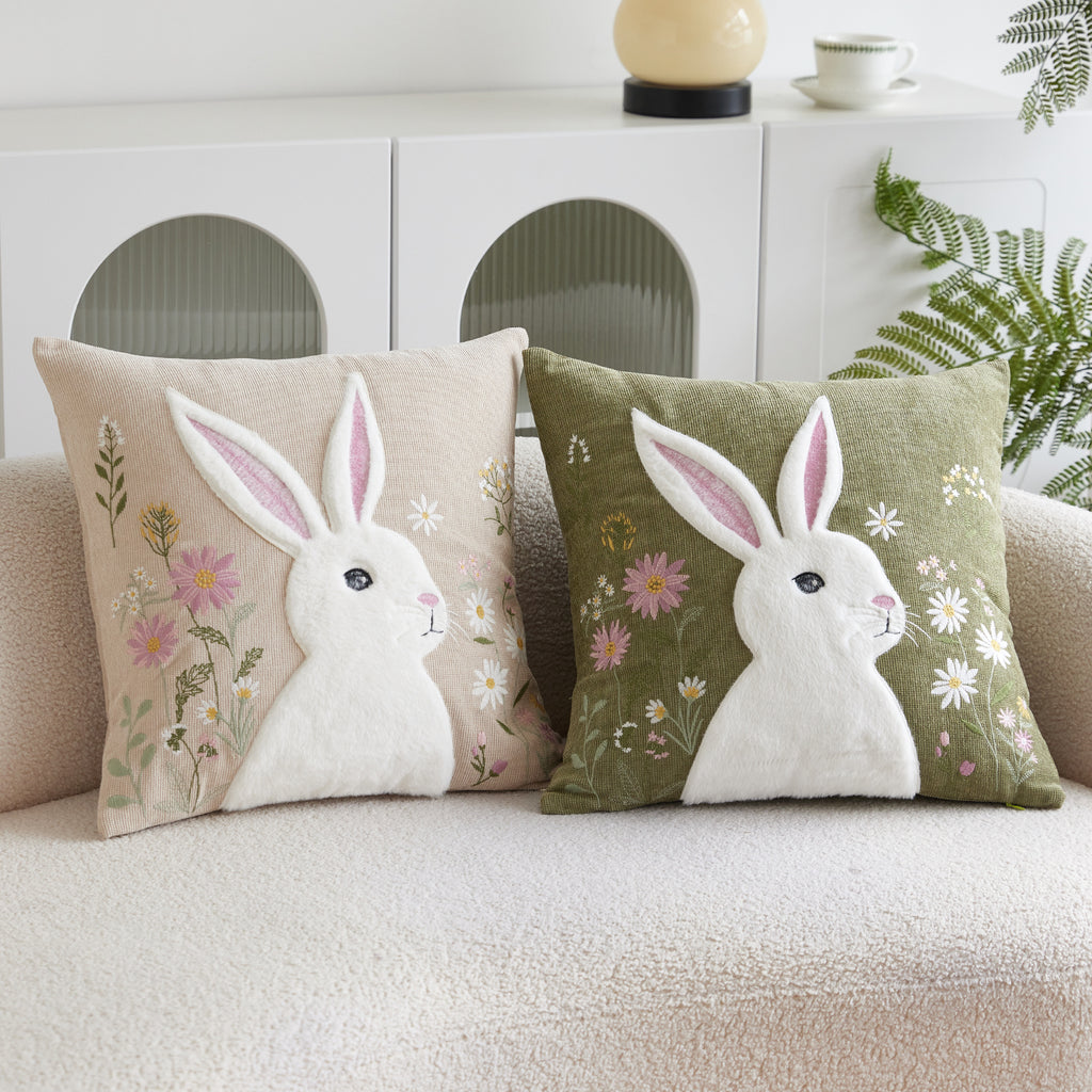 Easter Wild Floral Rabbit Embroidery Cushion Cover - 1 Pcs