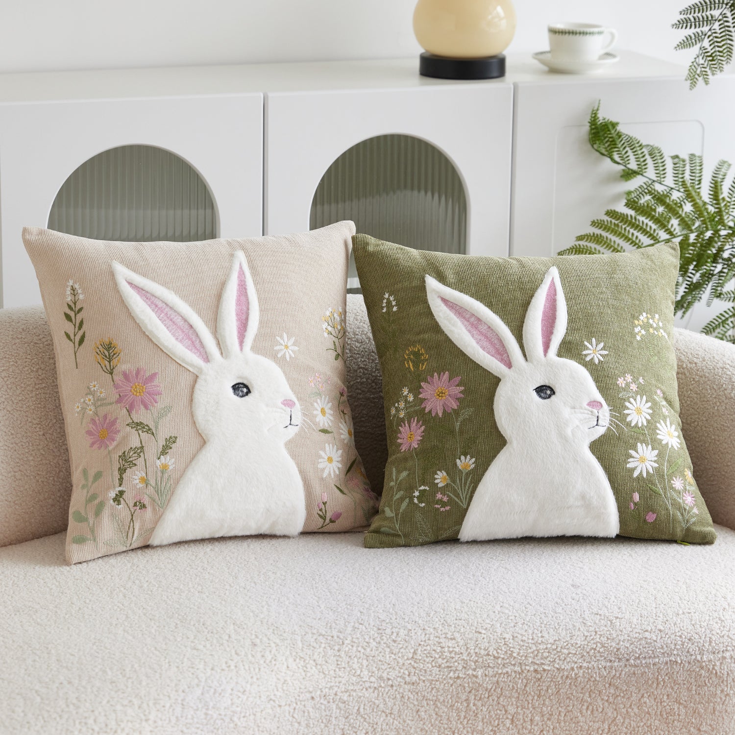 Easter Wild Floral Rabbit Embroidery Cushion Cover - 1 Pcs
