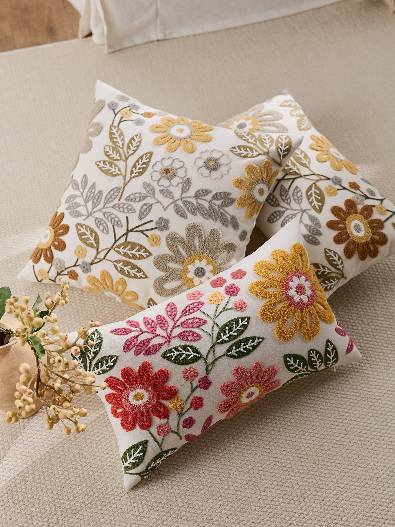 Colourful Floral Embroidered Lumbar Cushion Cover