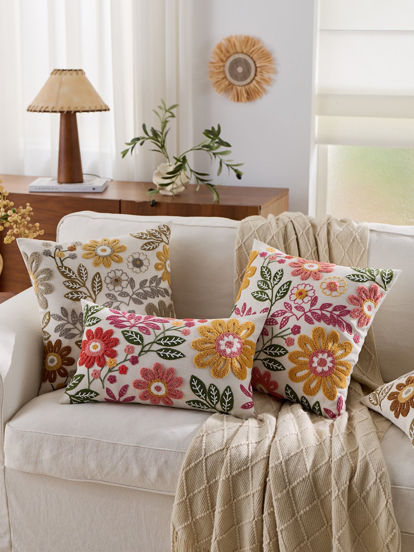 Colourful Floral Embroidered Lumbar Cushion Cover